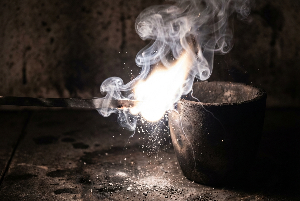 A dramatic close-up photograph of a bright, white-hot magnesium ribbon burning intensely, casting a brilliant flare and producing wisps of white smoke and ash. The scene, composed for a 3:2 landscape frame, emphasizes chemical transformation and the dynamic interplay of elements, with a dark, atmospheric background enhancing the glowing light.