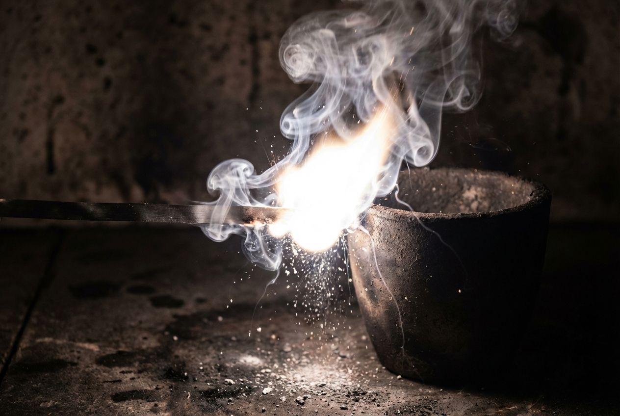A dramatic close-up photograph of a bright, white-hot magnesium ribbon burning intensely, casting a brilliant flare and producing wisps of white smoke and ash. The scene, composed for a 3:2 landscape frame, emphasizes chemical transformation and the dynamic interplay of elements, with a dark, atmospheric background enhancing the glowing light.