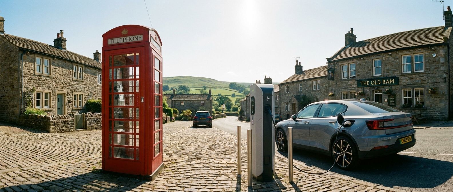 A vibrant, wide shot photograph of a classic red British telephone box standing proudly on a cobbled street in a picturesque English village, with a sleek, modern electric car charging station visible nearby, emphasizing the contrast between tradition and modernity under a bright, clear sky.