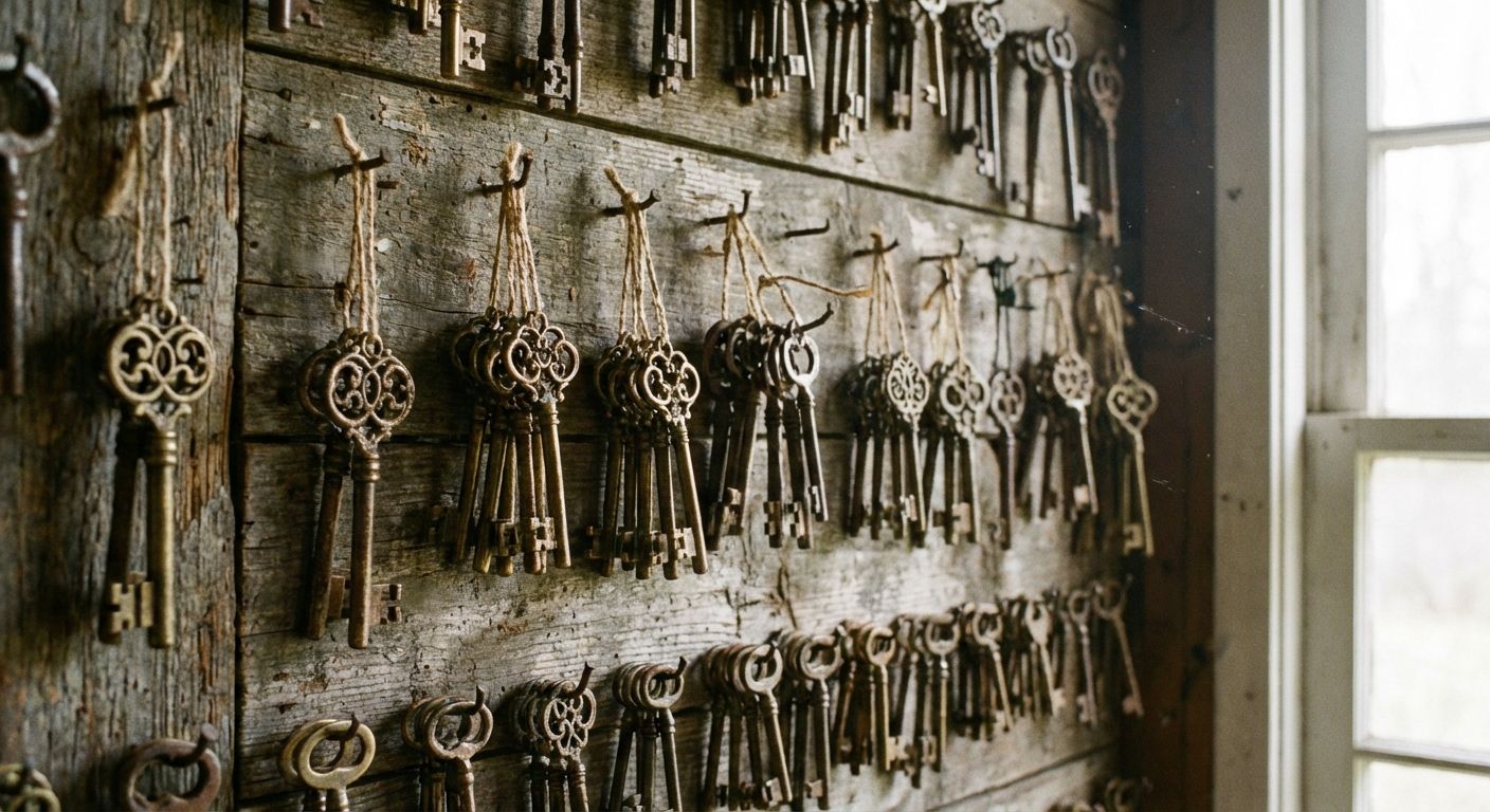 This image features a collection of antique keys hanging on a weathered, wooden wall. The keys are made of brass and various other metals, showing signs of age and wear. They are arranged in neat rows, suspended from small nails by thin pieces of twine. The composition is dense, with keys filling most of the frame. 

The color palette is muted and warm, dominated by browns, golds, and tans. Soft, natural light illuminates the scene, with a window visible on the right side of the frame, providing a bright contrast to the rustic texture of the wall and keys. The overall style evokes a sense of history, nostalgia, and craftsmanship.