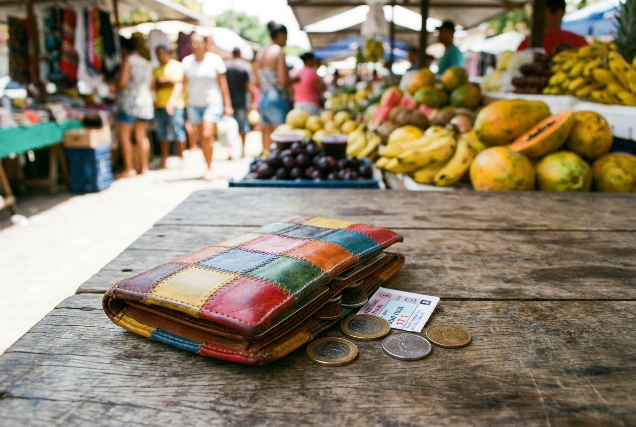 A close-up, eye-level photograph of a vibrant, colorful leather wallet accidentally left on a rustic wooden table at a bustling outdoor market in Brazil. The background is softly blurred, showing market-goers and tropical produce, under bright, natural sunlight, composed for a 3:2 landscape frame.