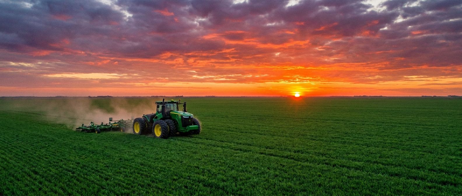 A dramatic wide-angle photograph of a modern tractor cultivating a vast, uniform field of vibrant green crops, stretching endlessly towards the horizon under a dramatic, colorful sky at sunrise or sunset. The scene emphasizes large-scale monoculture and efficient food production methods.