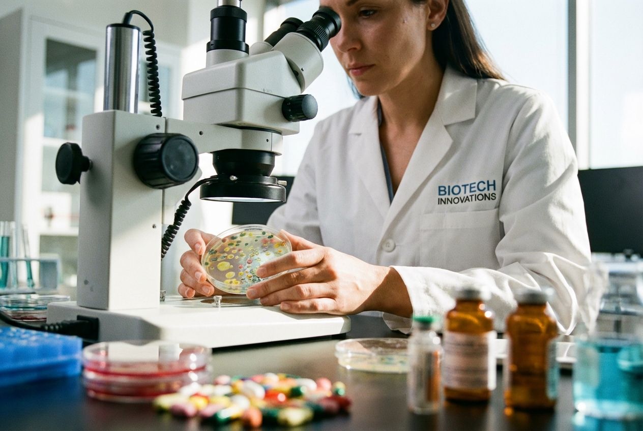 A doctor in a bright, modern lab coat examines a petri dish swarming with bacteria under a microscope, with a variety of colorful pills and medical vials arrayed on the table around them, shot with shallow depth of field.