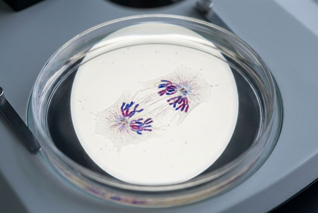 A close-up photograph of a petri dish containing cells undergoing mitosis, with chromosomes visibly separating and moving towards opposite poles, under a microscope with bright, even lighting.