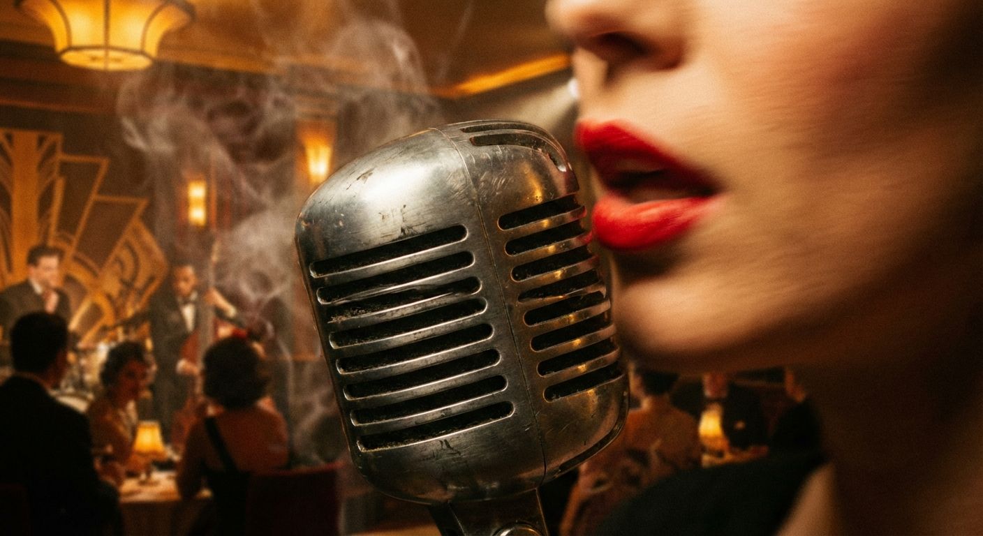 This image evokes a vintage, glamorous atmosphere reminiscent of a 1920s jazz club. The close-up focuses on a silver, slightly worn vintage microphone, positioned to the left of the frame. To the right, a blurred close-up of a woman's face with vibrant red lipstick adds a touch of allure. The background features a dimly lit, smoky club scene with patrons at tables and a jazz band in the distance. The color palette is warm, with golden and amber tones dominating, creating a sense of intimacy and nostalgia. The composition is asymmetrical, drawing attention to both the microphone and the singer.