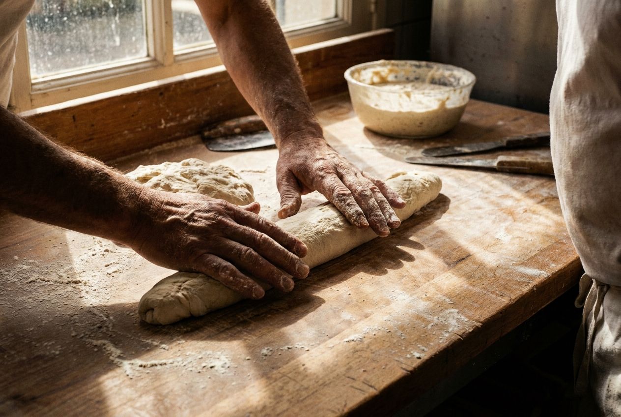 A close-up, dramatic photograph of a French baker's flour-dusted hands expertly shaping dough for a traditional baguette on a rustic wooden work surface. The scene is warm and authentic, emphasizing the fundamental act of creation and skill, composed for a 3:2 landscape frame.