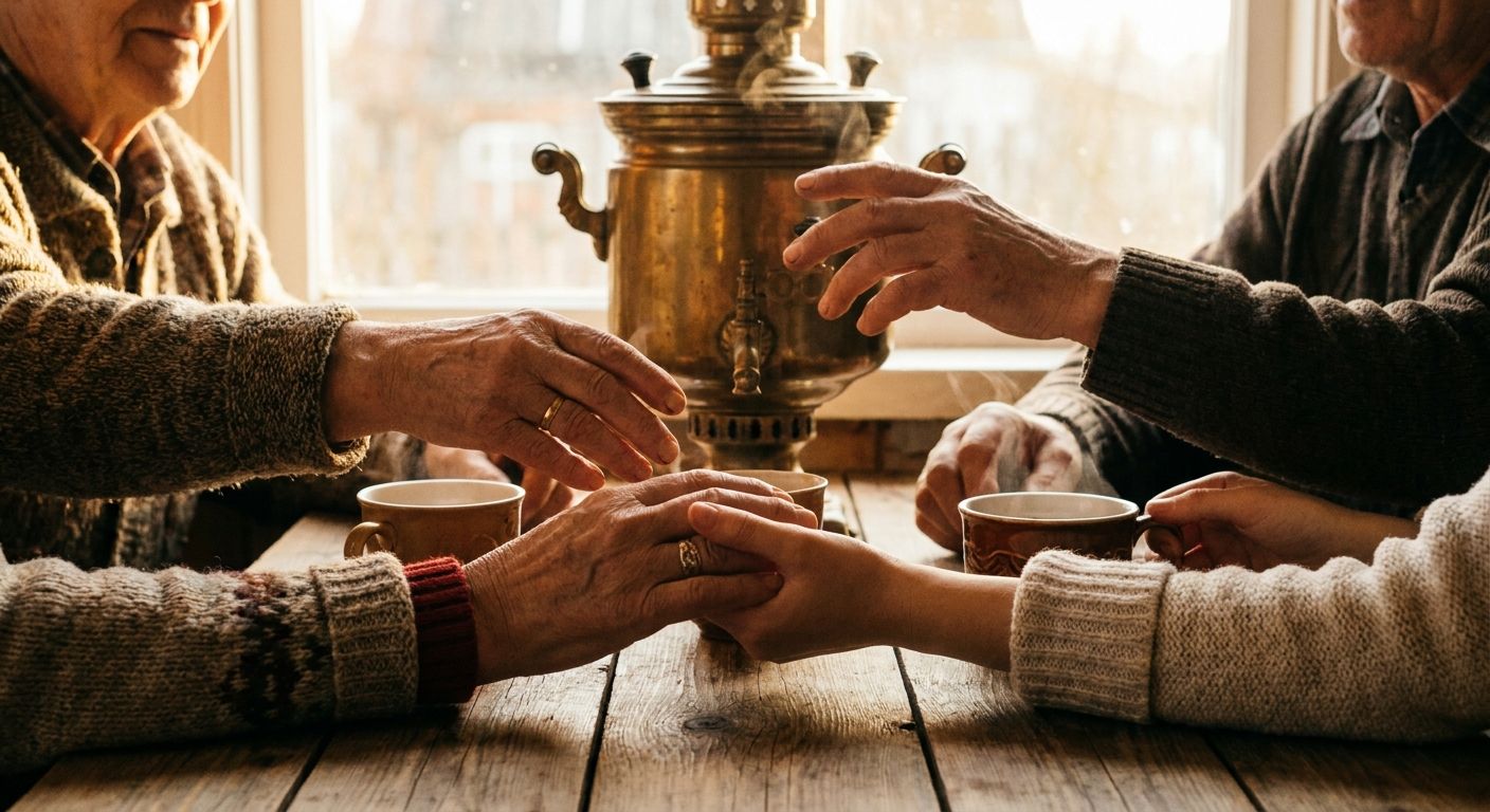 A close-up, warm-toned photograph of several hands, belonging to different people, reaching for a shared samovar and individual cups on a rustic wooden table, bathed in soft morning light within a cozy Russian dacha. The composition emphasizes a sense of shared belonging and personal connection.