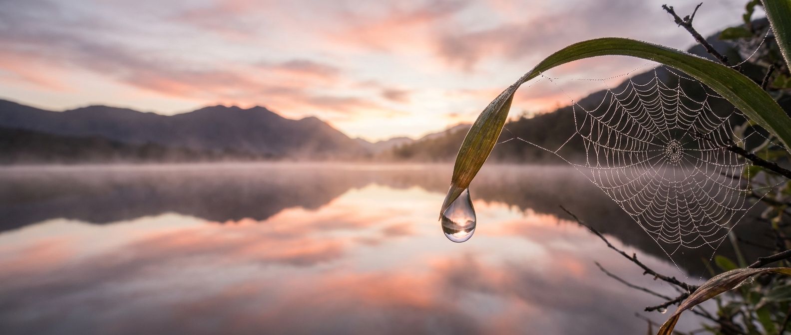 A wide-angle photograph of a serene, perfectly still lake at dawn, its surface like glass, reflecting the soft light, symbolizing inert stability. In the foreground, a single, luminous dewdrop hangs precariously from a delicate leaf, ready to fall, while nearby, an intricate spiderweb shimmers, poised to elegantly capture a single drop, illustrating different forms of reactivity.