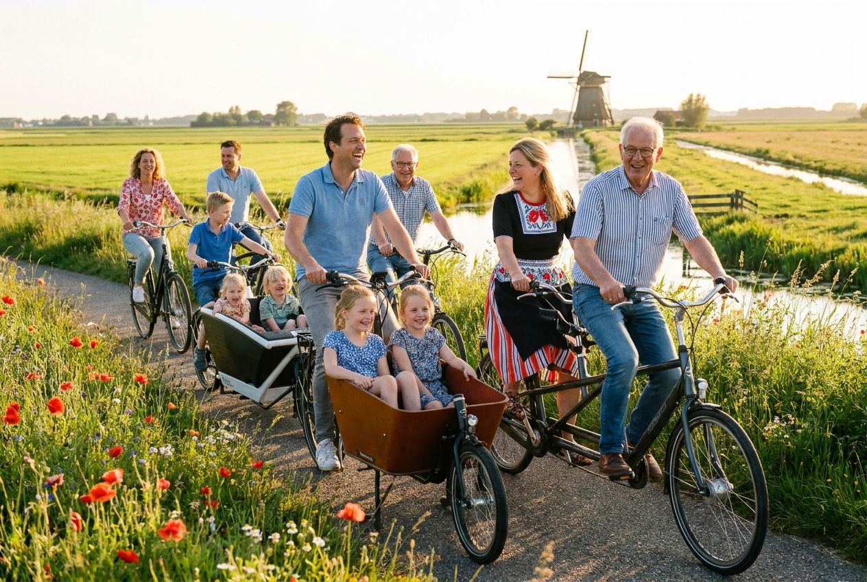 A joyful multi-generational Dutch family, including parents and their children, cycling together along a scenic path in the vibrant countryside of the Netherlands. Golden hour sunlight bathes the scene, highlighting green fields and a distant windmill, captured in a vivid, realistic photograph with a 3:2 landscape aspect ratio.