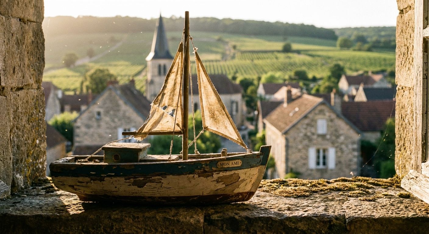 A close-up photograph of a weathered wooden toy boat resting on a sun-drenched stone windowsill, with a blurred, picturesque French village and rolling hills visible in the background. Soft, golden light bathes the scene, evoking a deep sense of nostalgia and cherished childhood memories.