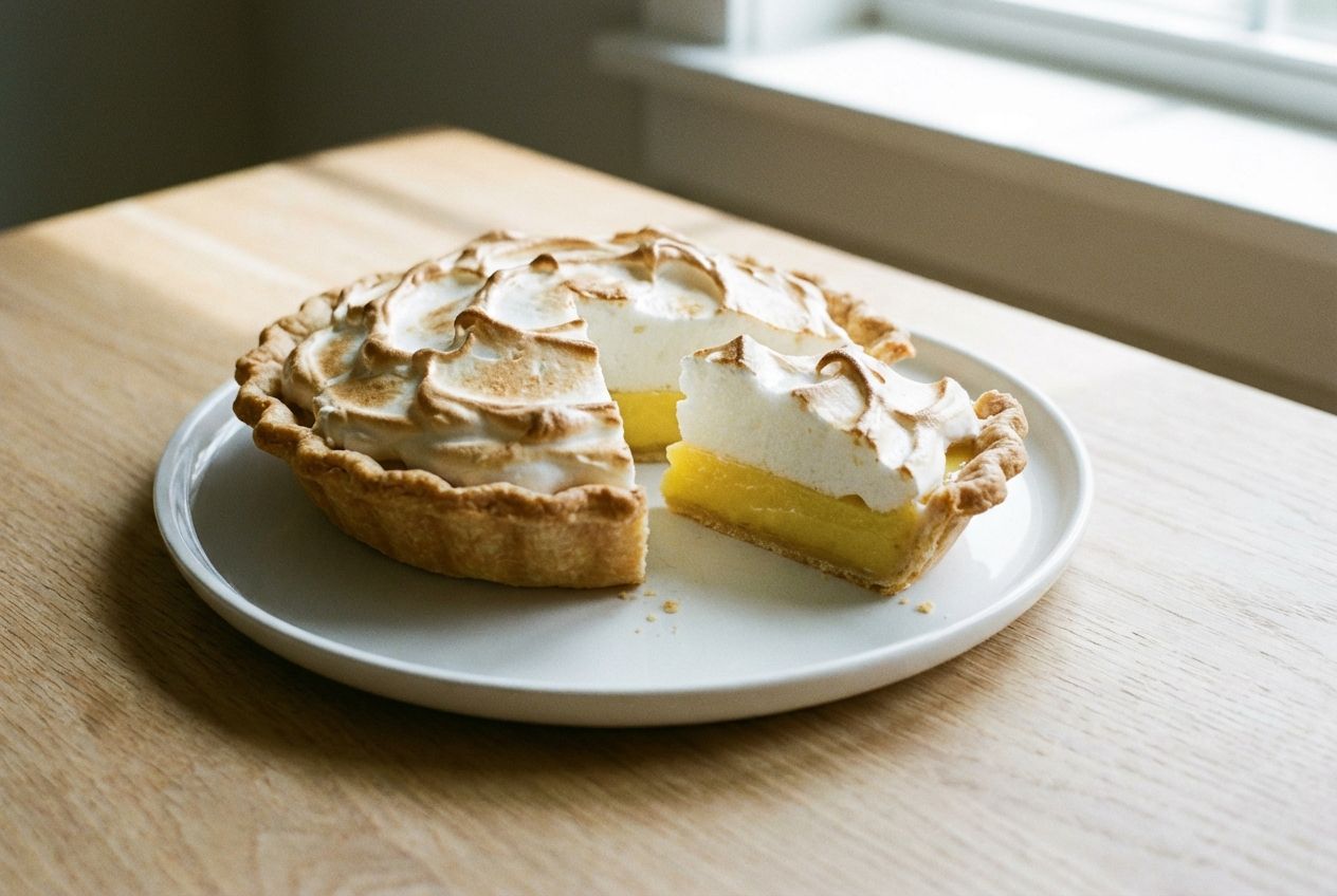 A beautiful, perfectly sliced lemon meringue pie on a minimalist white ceramic plate, placed on a light wooden table. A single, pristine slice is slightly pulled away from the main pie, highlighting the concept of 'parts of a whole'. Soft, natural daylight illuminates the scene, creating subtle shadows and emphasizing the pie's delicate textures. Shot in a 3:2 landscape aspect ratio.