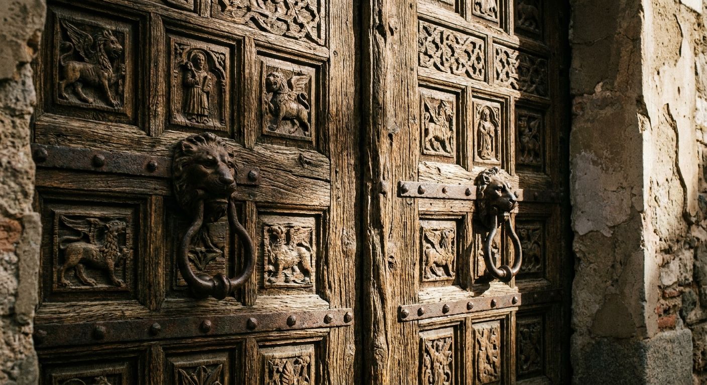 A dramatic, close-up photograph of an ancient, richly textured wooden door in a historic Spanish city, with intricate carvings and worn iron details, beautifully lit to highlight its physical age and evoke a deep sense of untold stories and cherished memories.