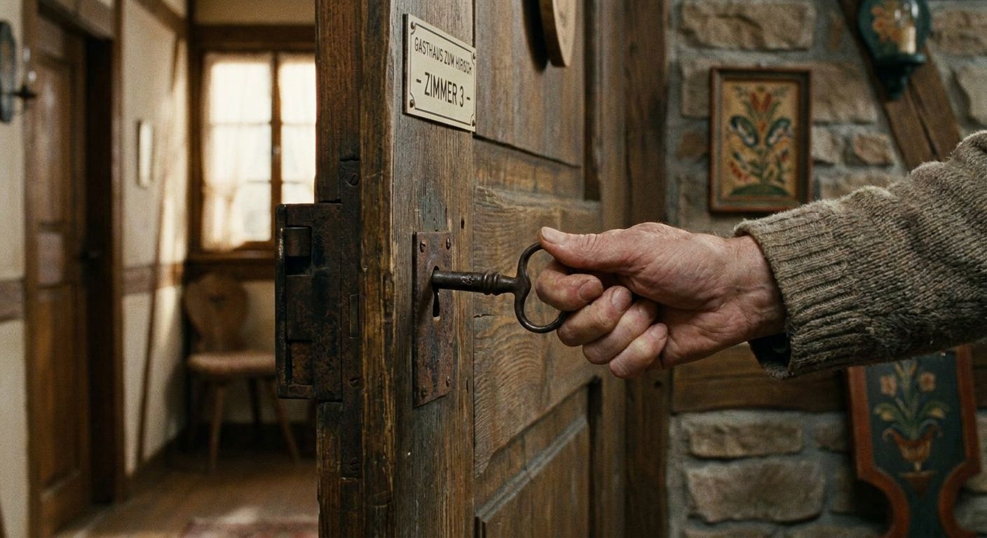 A close-up, cinematic photograph of a hand attempting to turn a traditional ornate key in a rustic wooden door lock in a charming German guesthouse hallway, with the key slightly stuck, hinting at a minor everyday problem. Soft, warm light illuminates the scene, capturing a moment of polite frustration.
