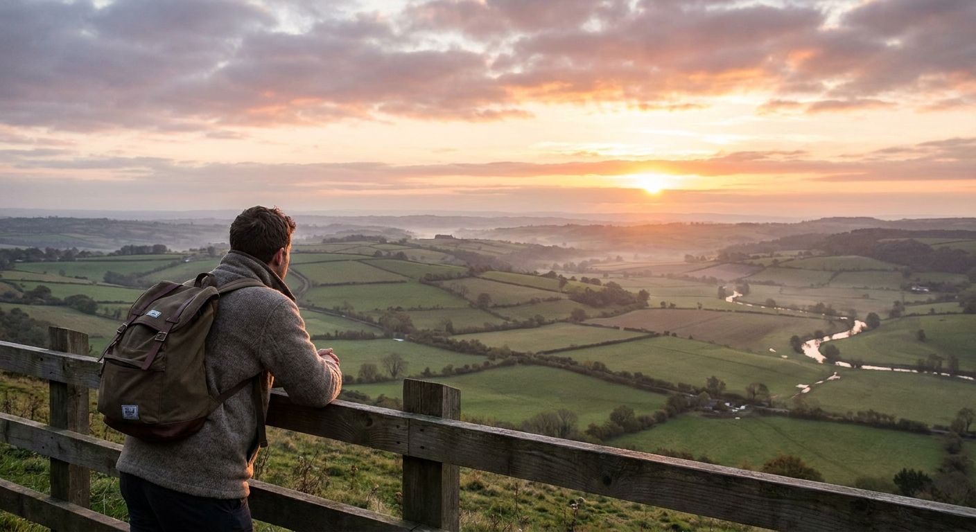 A person stands on a scenic overlook, gazing thoughtfully at a sweeping British landscape bathed in the soft, hopeful light of a breaking dawn. A gentle mist hangs in the distance, hinting at the unfolding future as they contemplate possibilities.