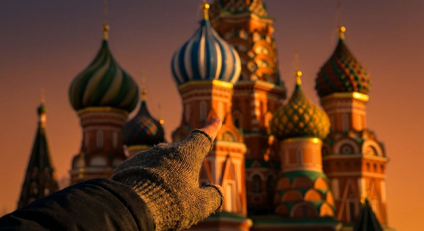 A dramatic low-angle close-up photograph captures a young person's hand in sharp focus, gesturing towards the vibrant, onion-domed spires of St. Basil's Cathedral in Moscow. The iconic architecture is slightly softened in the background, bathed in the rich golden light of a setting sun, creating a strong sense of depth and Russian cultural atmosphere.