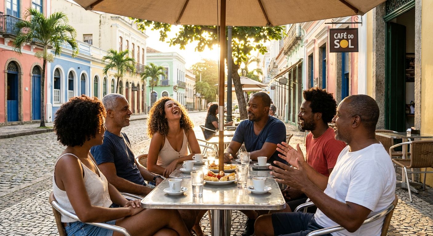 A candid, sun-drenched photograph captures a diverse group of Brazilian friends laughing and animatedly conversing at an outdoor cafe in a vibrant Rio de Janeiro neighborhood. The scene evokes a feeling of being present, well, and comfortably situated in their current location.