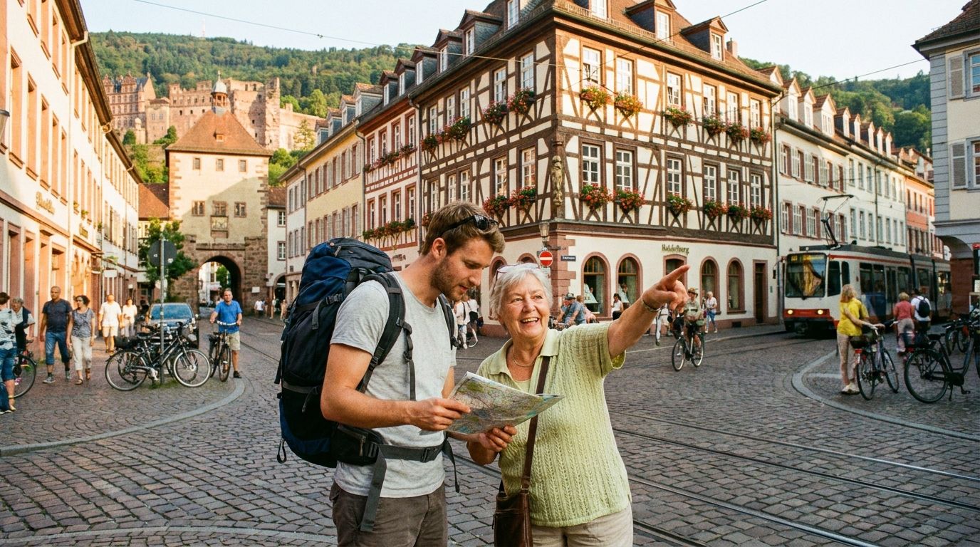 A vibrant, wide-angle photograph of a person asking for directions from a friendly local on a picturesque street in a German city. The local is pointing with a clear gesture, with charming historic buildings and a cobblestone street visible in the background, bathed in warm daylight.