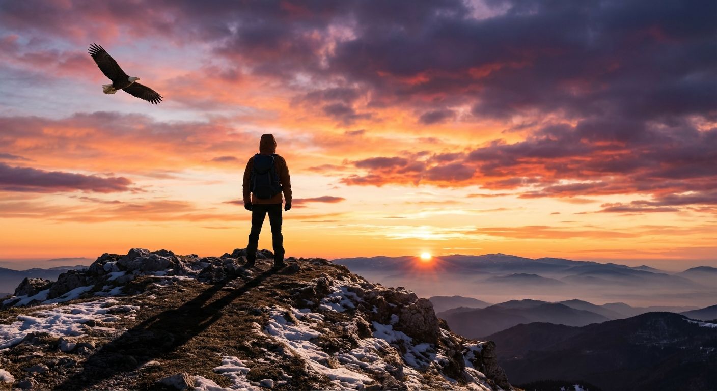 A stunning landscape photograph featuring a silhouetted figure standing atop a rocky, snow-dusted peak. The composition is dramatic, with the figure facing away from the viewer, looking out towards a vibrant sunset. The sky is filled with swirling clouds painted in hues of orange, pink, and purple. In the lower part of the horizon the sun is shining, creating a breathtaking glow. An eagle soars in the upper-left portion of the frame. The mountains in the background appear in soft layers, adding depth to the scene. The overall tone is one of adventure, freedom, and inspiration.