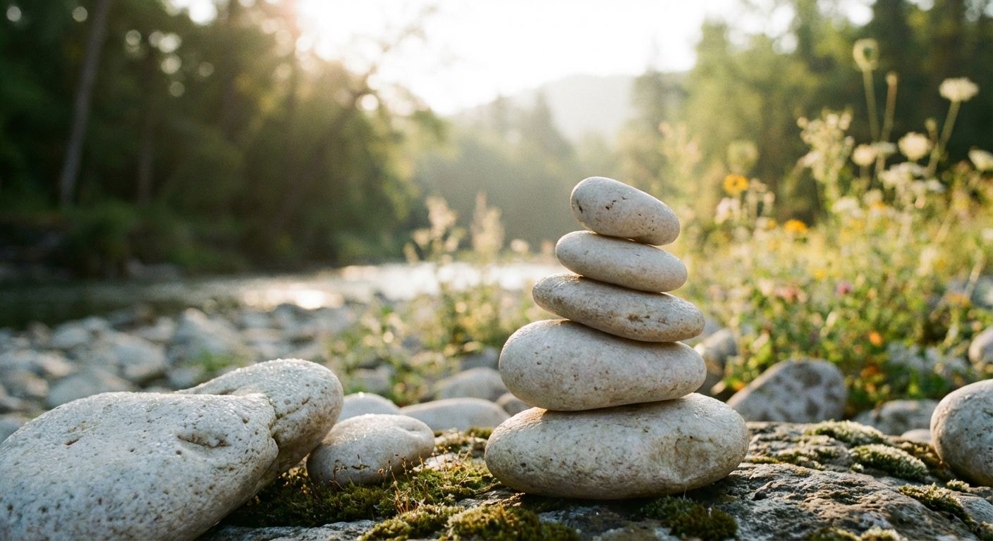 A low-angle close-up photograph of a small, artfully balanced cairn of smooth, light-colored river stones, set against a softly blurred background of a tranquil, sunlit natural landscape. The scene evokes a sense of calm beginnings and stable growth, with soft, inviting morning light.