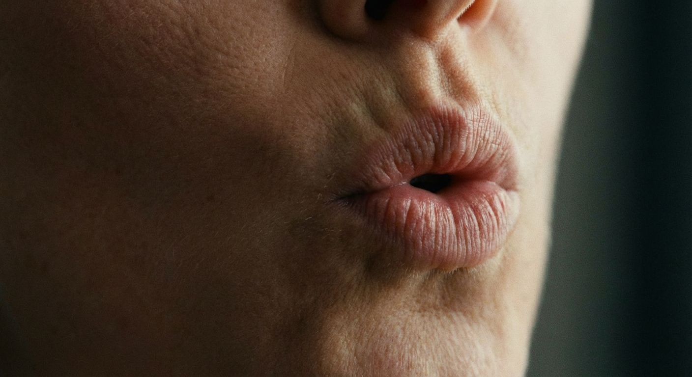 A close-up, artistic photograph of a person's lips, slightly rounded and pursed, poised as if carefully forming a distinct German umlaut sound. Soft, dramatic lighting highlights the subtle tension and concentration required for precise pronunciation.