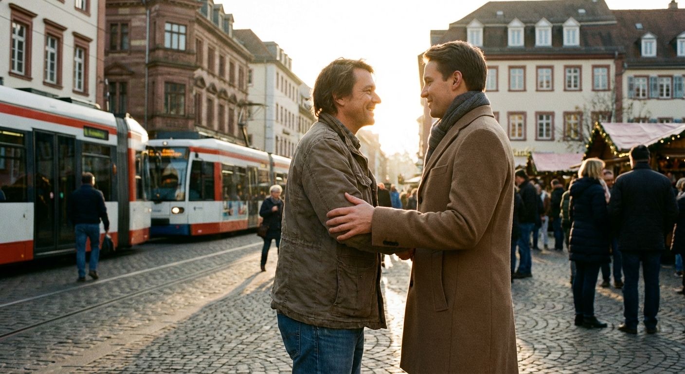 A vibrant photograph of two people, one dressed casually and the other more formally, warmly greeting each other with eye contact and a slight smile on a bustling street in a German city during golden hour, with soft, inviting sunlight.