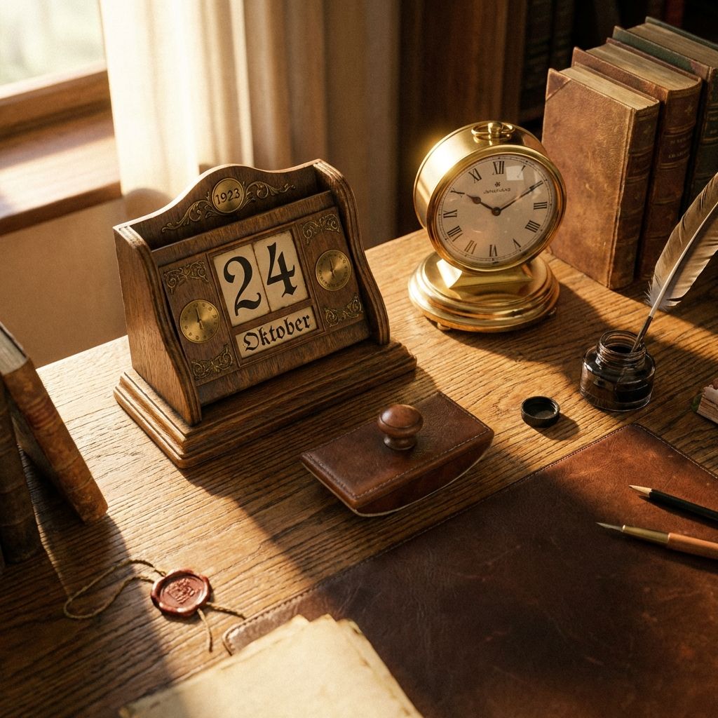 A top-down, elegant photograph of a meticulously organized antique wooden desk. On the desk, a vintage German-style perpetual calendar shows a crisp date, next to a polished brass desk clock with Roman numerals, all catching soft, warm light from a window.