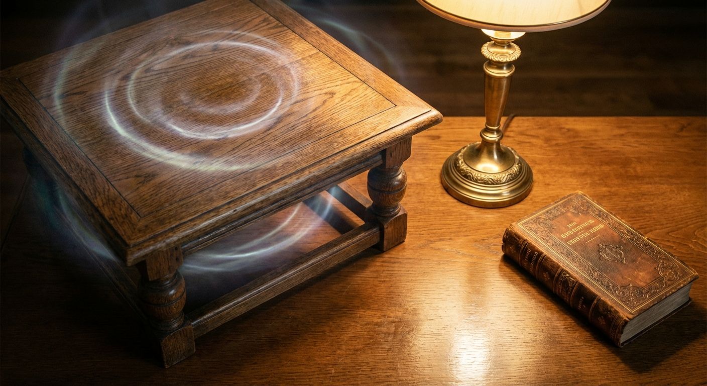 A close-up, high-angle photograph of three meticulously arranged antique objects on a polished wooden surface: a sturdy wooden table, an elegant brass lamp, and a classic leather-bound book. The wooden table is subtly highlighted with a faint, shifting light that suggests transformation, while the lamp and book are bathed in a consistent, steady glow.