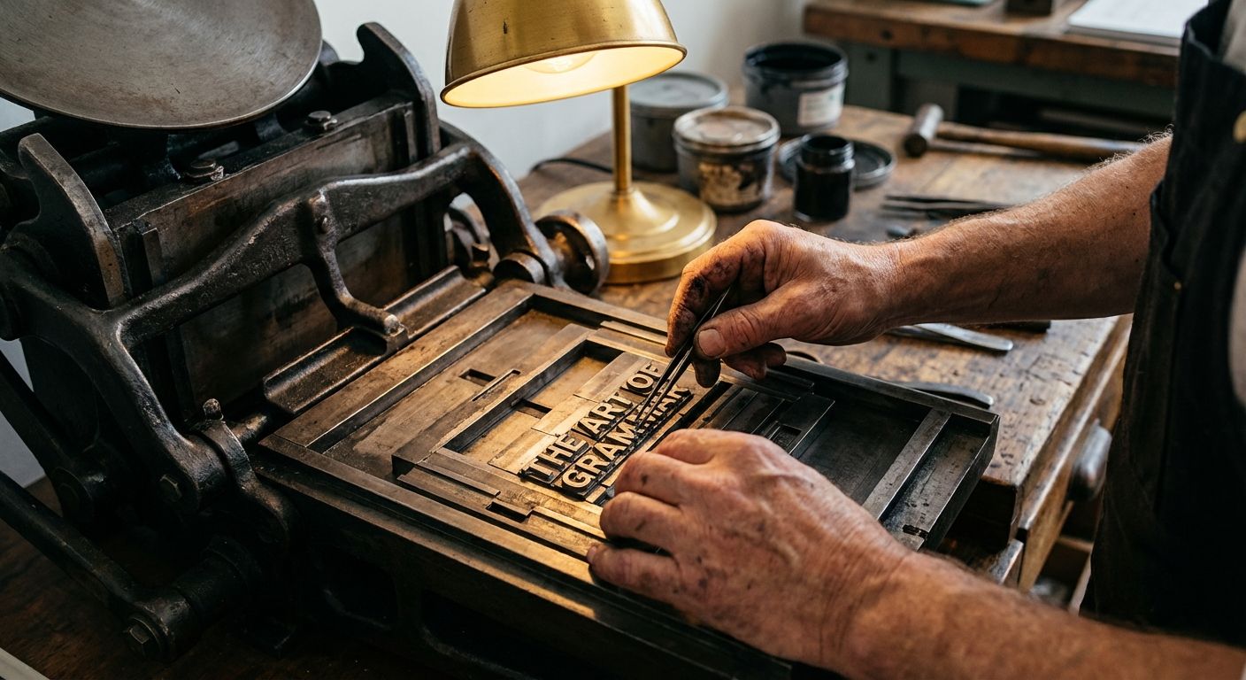 A close-up photograph of a skilled artisan's hands meticulously arranging individual metal type pieces on a vintage letterpress printing bed, bathed in warm, focused light. The intricate metal characters are being precisely fitted together to form words and lines, symbolizing the careful construction of language and grammar.