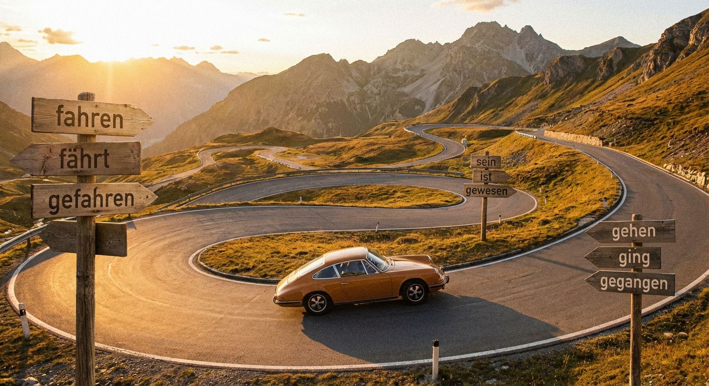 A vintage German car, like a classic Porsche 911, navigates a dramatically winding mountain road in the Bavarian Alps. The road's unexpected curves and turns are bathed in warm, golden hour sunlight, symbolizing the irregular paths of German verbs.