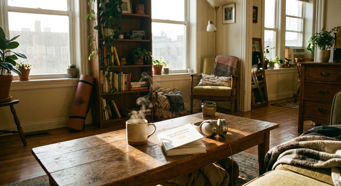 A sun-drenched, inviting apartment living room in the morning, featuring a warm mug of coffee on a wooden table, an open book, and a pair of comfortable headphones, with a yoga mat subtly visible in the background, suggesting a blend of daily routine and leisure activities.