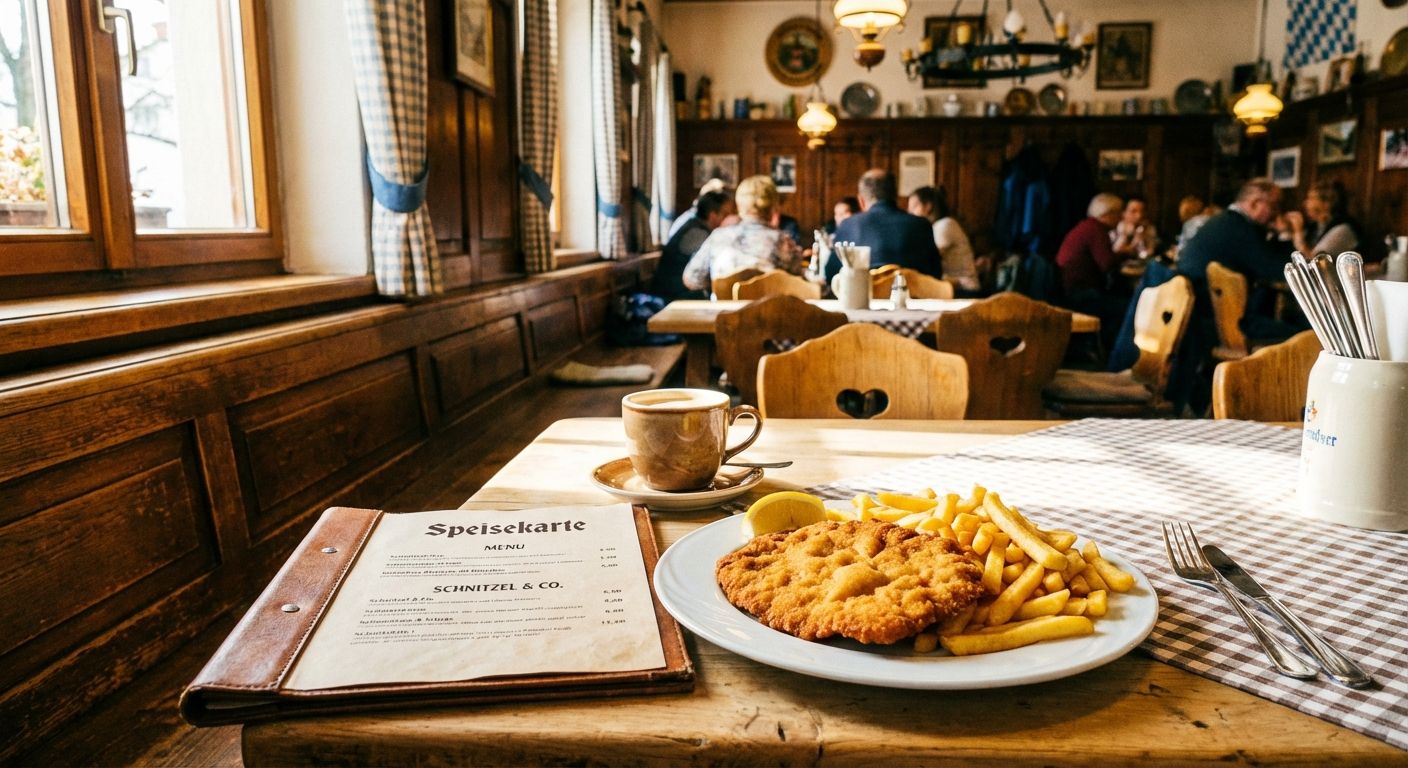 A vibrant, warm photograph of a rustic wooden table in a traditional German cafe, featuring a perfectly golden-brown Schnitzel with crispy Pommes, a steaming cup of coffee, and a menu (Speisekarte) resting invitingly beside the plate.