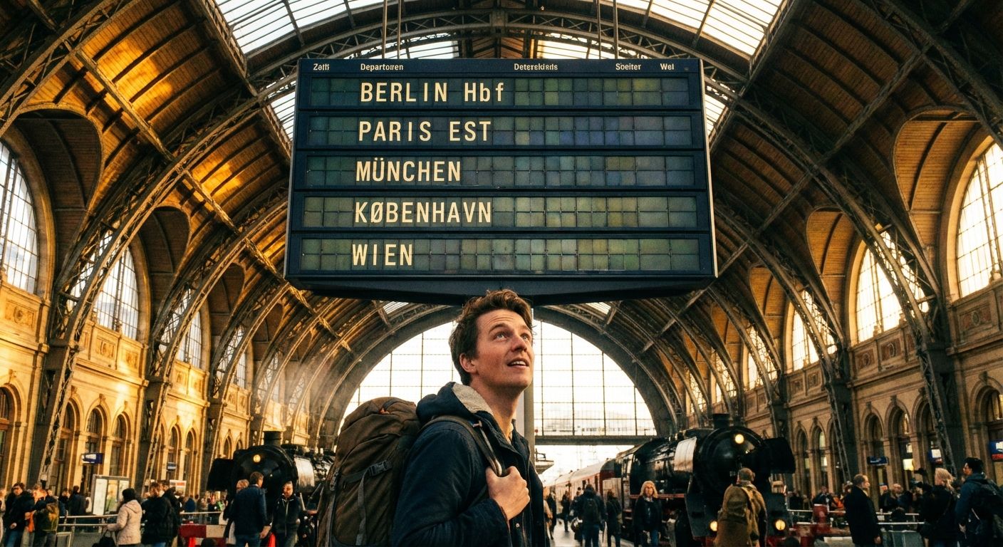 A lone person stands in a bustling, architecturally rich German train station, gazing at a large, vintage departure board. The scene is bathed in warm, ambient light, conveying a sense of journey and the feeling of being located in a specific, iconic place.