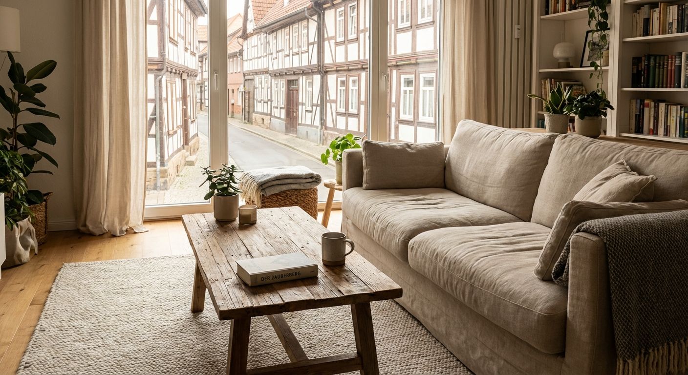 A warm, inviting living room (Wohnzimmer) in a modern German apartment, featuring a comfortable sofa, a wooden coffee table with a book, and a large window overlooking a quiet street with traditional German architecture. Soft natural light illuminates the space, creating a cozy atmosphere.