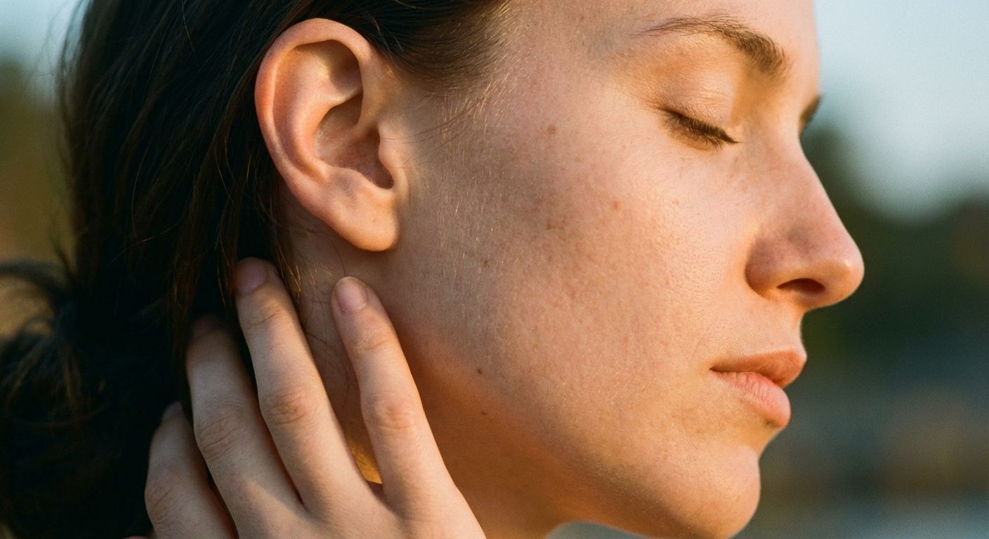 A close-up, artistic photograph of a person's face in profile, with soft, warm light illuminating the contours of their ear, nose, and mouth. One hand is gently raised, almost touching their neck, creating a sense of quiet contemplation.