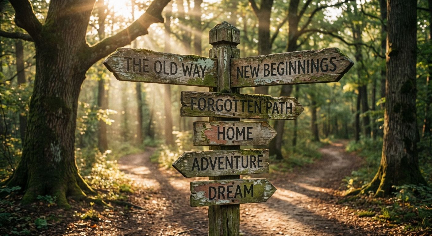 A rustic wooden signpost stands at a fork in a winding, sun-dappled forest path, its weathered signs pointing in multiple directions, symbolizing choices and commands. Golden hour light filters through the trees, creating a serene and evocative atmosphere in a realistic photograph.