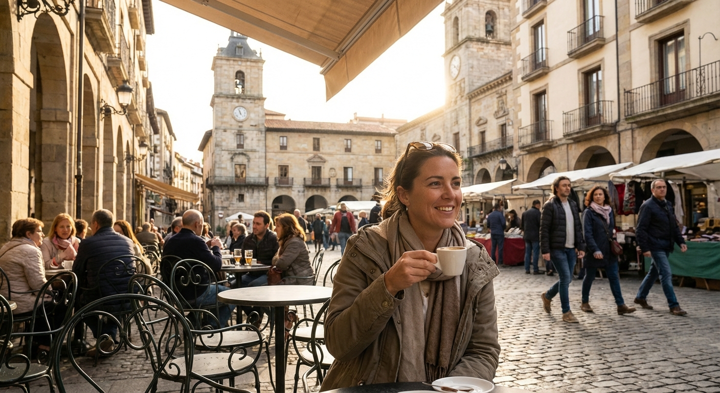 A person sits at an inviting outdoor cafe in a lively European city square, a cup of coffee on the table. Warm sunlight illuminates the historic architecture and other people chatting, capturing a moment of confident engagement with the local culture.