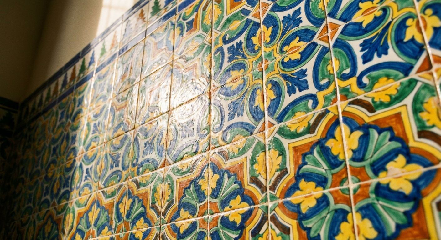 A close-up, low-angle photograph of vibrant, intricately patterned Spanish azulejo tiles, focusing on the crisp lines and distinct colors of the geometric and floral designs. The tiles are arranged perfectly, bathed in warm, soft light, evoking precision and clarity.