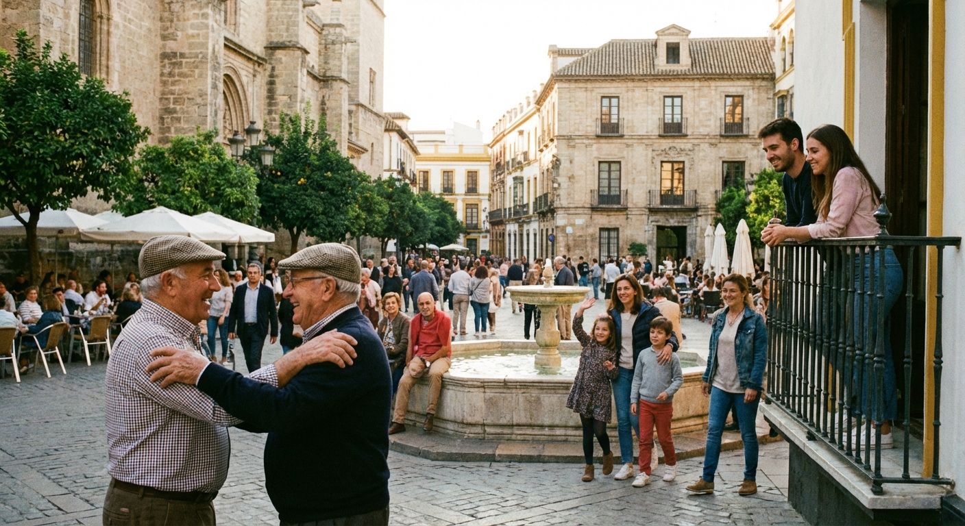 A lively, candid street photograph captures people interacting and greeting each other in a bustling Spanish plaza during the golden hour of late afternoon. Warm, inviting light bathes the scene, highlighting friendly smiles and gestures, suggesting a mix of informal and formal interactions.