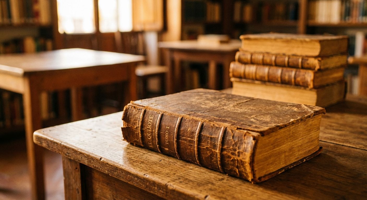 A warm-toned, close-up photograph featuring a single, well-worn leather-bound Spanish book resting on a rustic wooden table. In the softly blurred background, a collection of similar books and tables are visible, subtly illustrating the concepts of singular and plural forms within distinct categories.