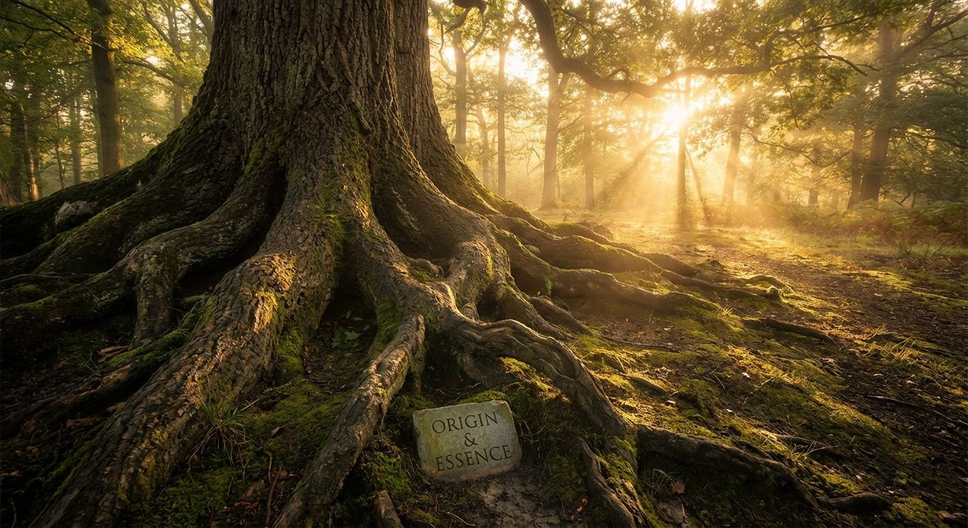 A dramatic, low-angle photograph of the gnarled, deep roots of an ancient tree, firmly anchored in the earth, symbolizing origin and inherent qualities. Soft sunlight filters through the leaves, creating a warm, foundational atmosphere.