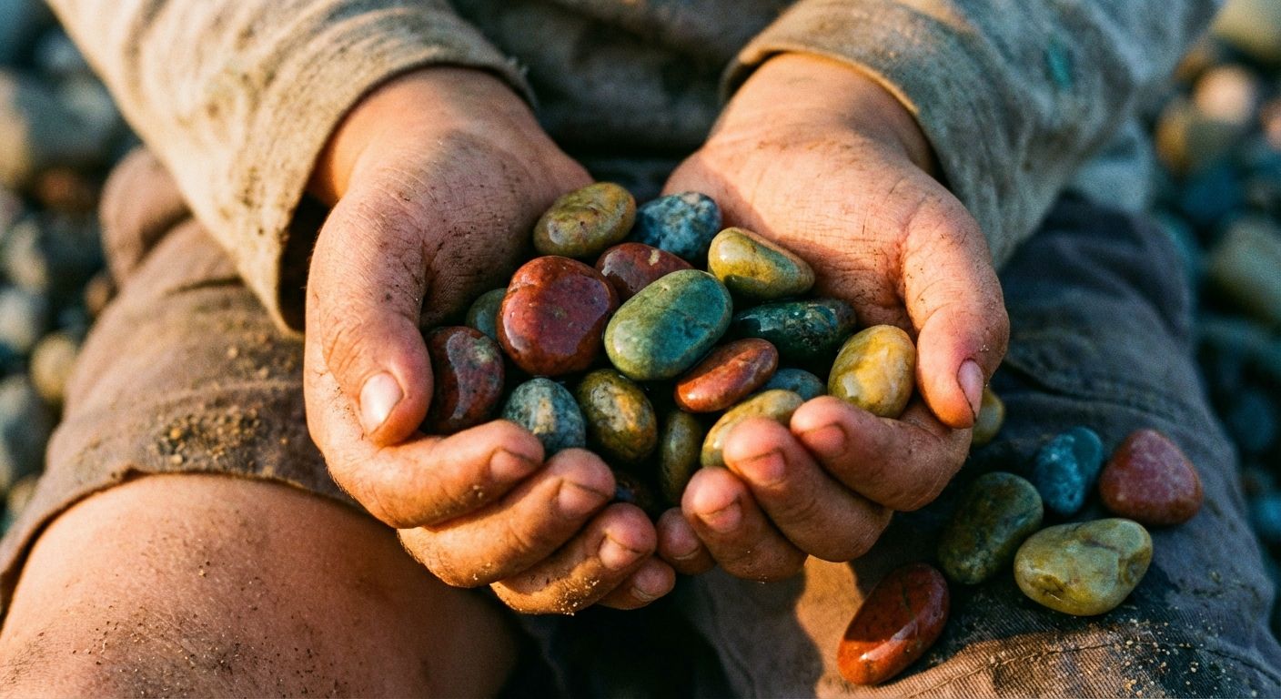 A close-up photograph of a child's cupped hands gently holding a small collection of smooth, colorful river stones, some slightly spilling over the edges. Soft, warm natural light illuminates the scene, creating a sense of wonder and discovery.