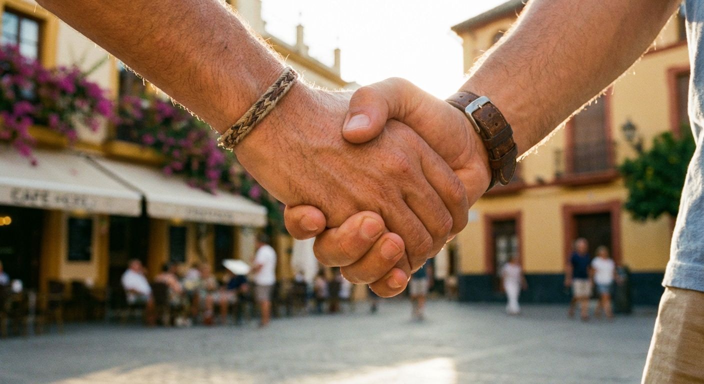 A warm, inviting close-up photograph of two people's hands clasped in a friendly, firm handshake, symbolizing an introduction and the beginning of a connection. The background is a softly blurred, sun-drenched Spanish street or plaza, with warm light and a welcoming atmosphere.