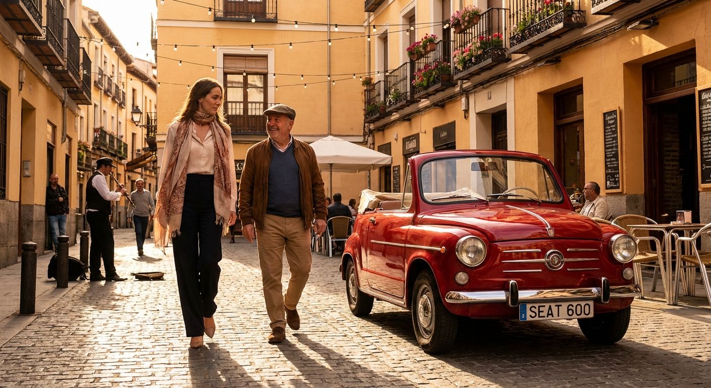 A vibrant street scene in a Spanish city, featuring a tall, elegant woman and a shorter, smiling man walking past a bright red vintage car. The golden hour light casts long shadows, highlighting their distinct appearances and the car's vivid color.