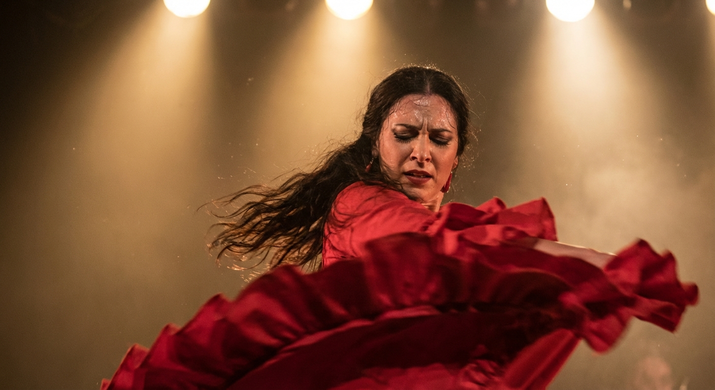 A dramatic, close-up photograph of a flamenco dancer captured mid-twirl, with her flowing dress creating a dynamic blur. Soft, warm stage lighting illuminates her passionate expression, emphasizing the temporary state of movement and emotion.