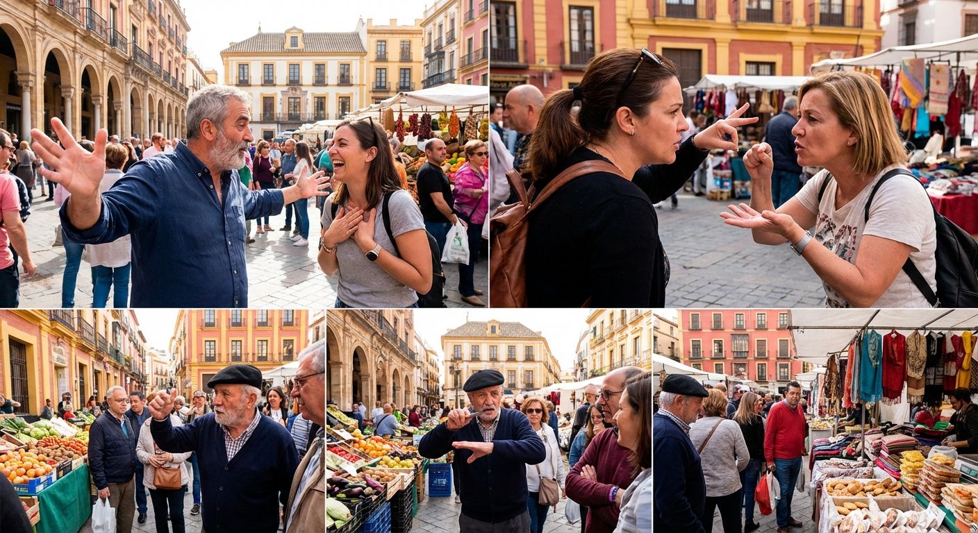 A vibrant, bustling market square in a Spanish city. Various people are engaged in animated conversations, their hands making distinct, expressive gestures as they speak. The scene is filled with natural light, capturing a lively and authentic atmosphere.