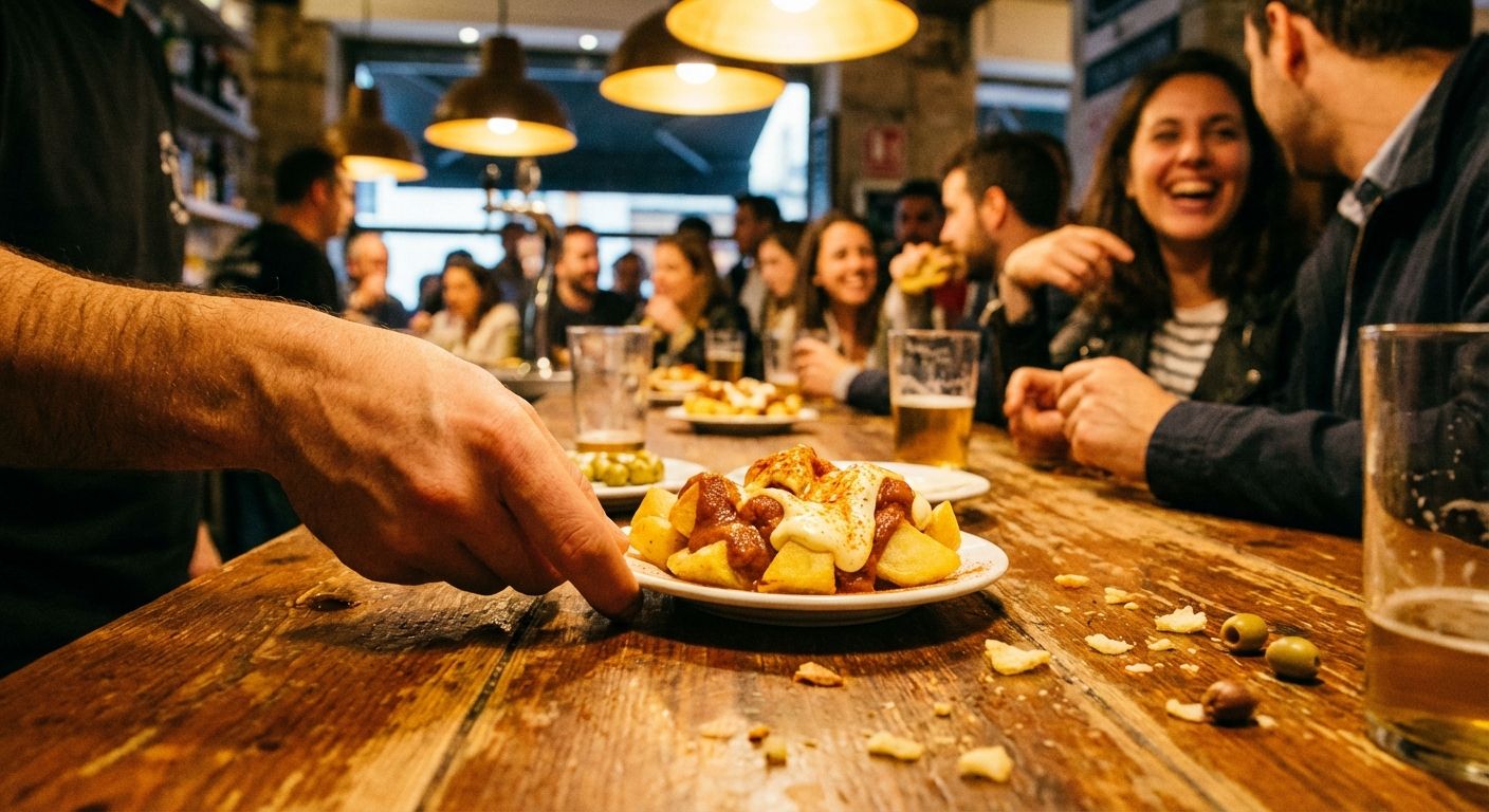 A vibrant, close-up photograph of a hand reaching for a small plate of patatas bravas on a rustic wooden bar counter in a bustling Spanish tapas bar. Warm, inviting lighting illuminates the scene, capturing the lively atmosphere of people enjoying food and drink.