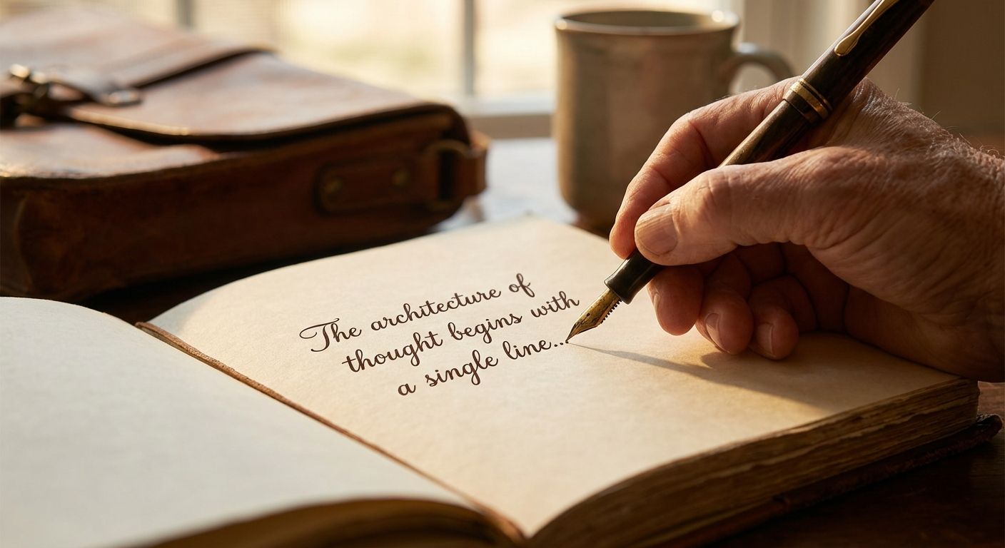A close-up photograph of a hand writing with an elegant fountain pen in a leather-bound journal. The words flow gracefully across the page, subtly suggesting the construction of a narrative or a structured thought, illuminated by warm, natural light.