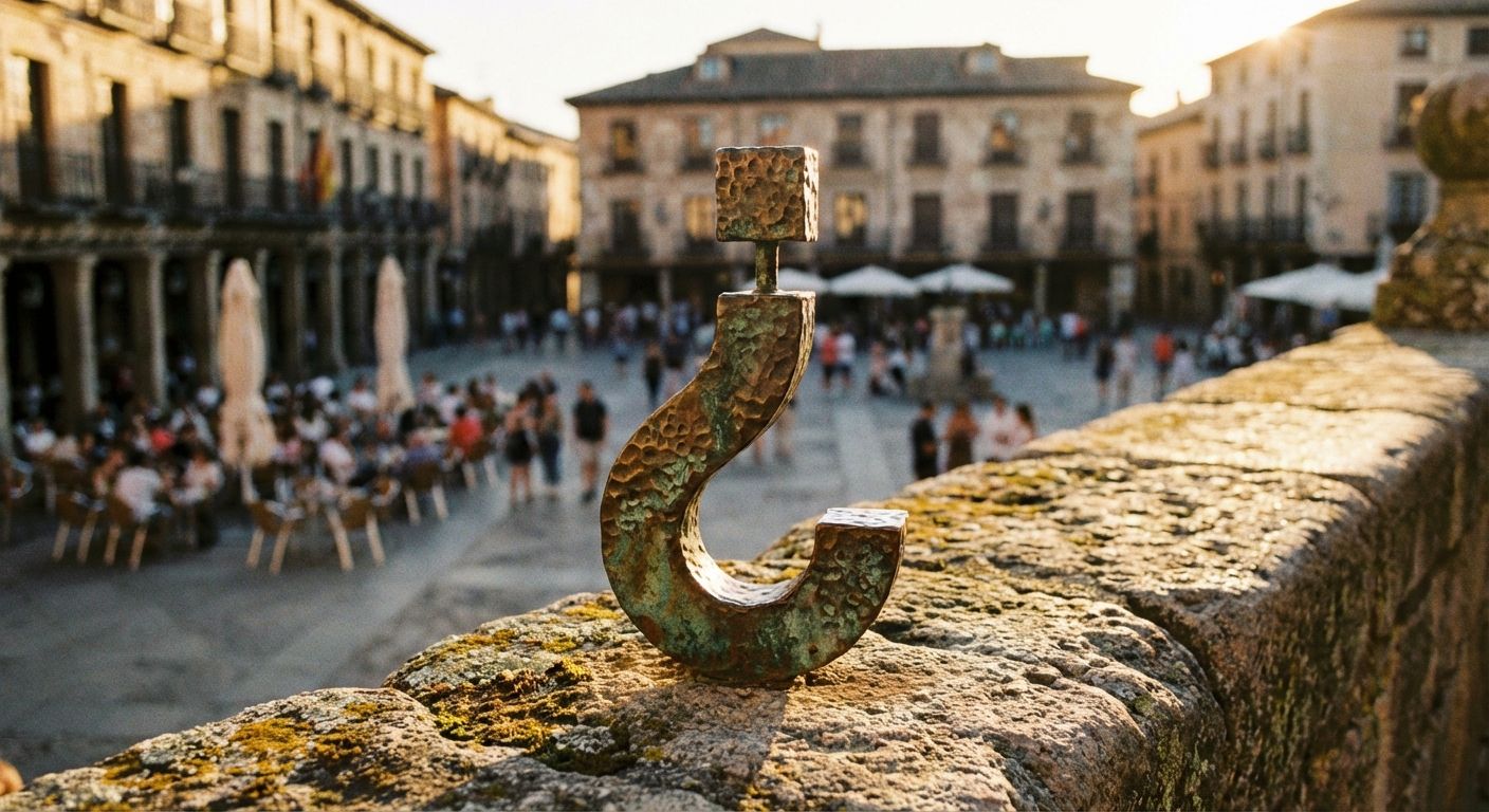 A close-up, eye-level photograph of a beautifully crafted, weathered metal sculpture of a Spanish upside-down question mark (¿) resting on an ancient, sun-warmed stone wall. In the blurred background, a vibrant Spanish plaza bustles with life under a warm sunset glow.