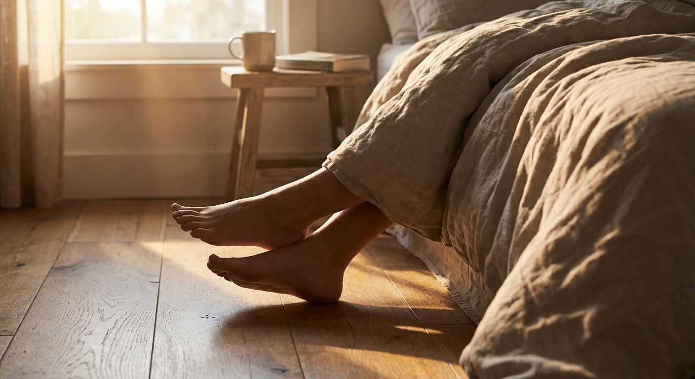 A serene, close-up photograph of a person's bare feet gently stepping onto a wooden floor beside a bed, illuminated by soft, warm morning sunlight streaming through a window. The scene should evoke a peaceful start to the day and a sense of personal routine.