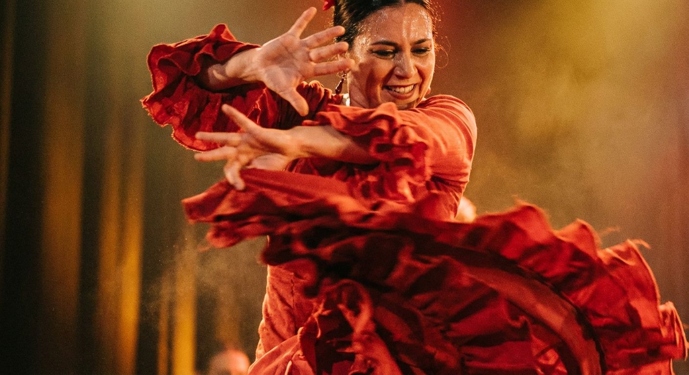 A vibrant, dynamic close-up photograph of a flamenco dancer in mid-twirl, their expressive hands and the swirling red fabric of their dress capturing the passion of the moment under warm, dramatic lighting. The scene evokes joy and intense pleasure.